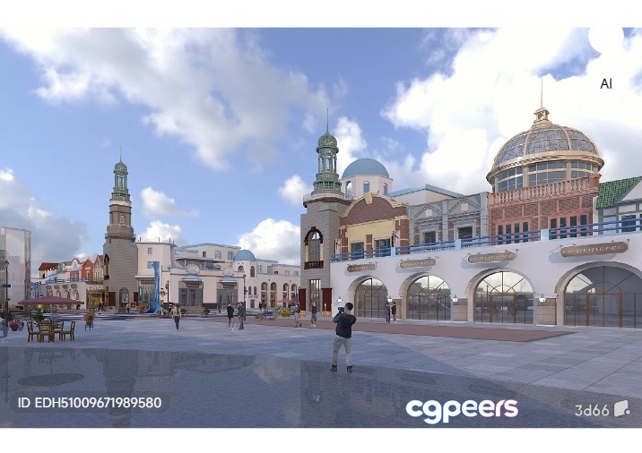 A 3D Rendering Of A Large Plaza With Buildings And A Blue Sky 3D Model - 6676 - VRAY Render