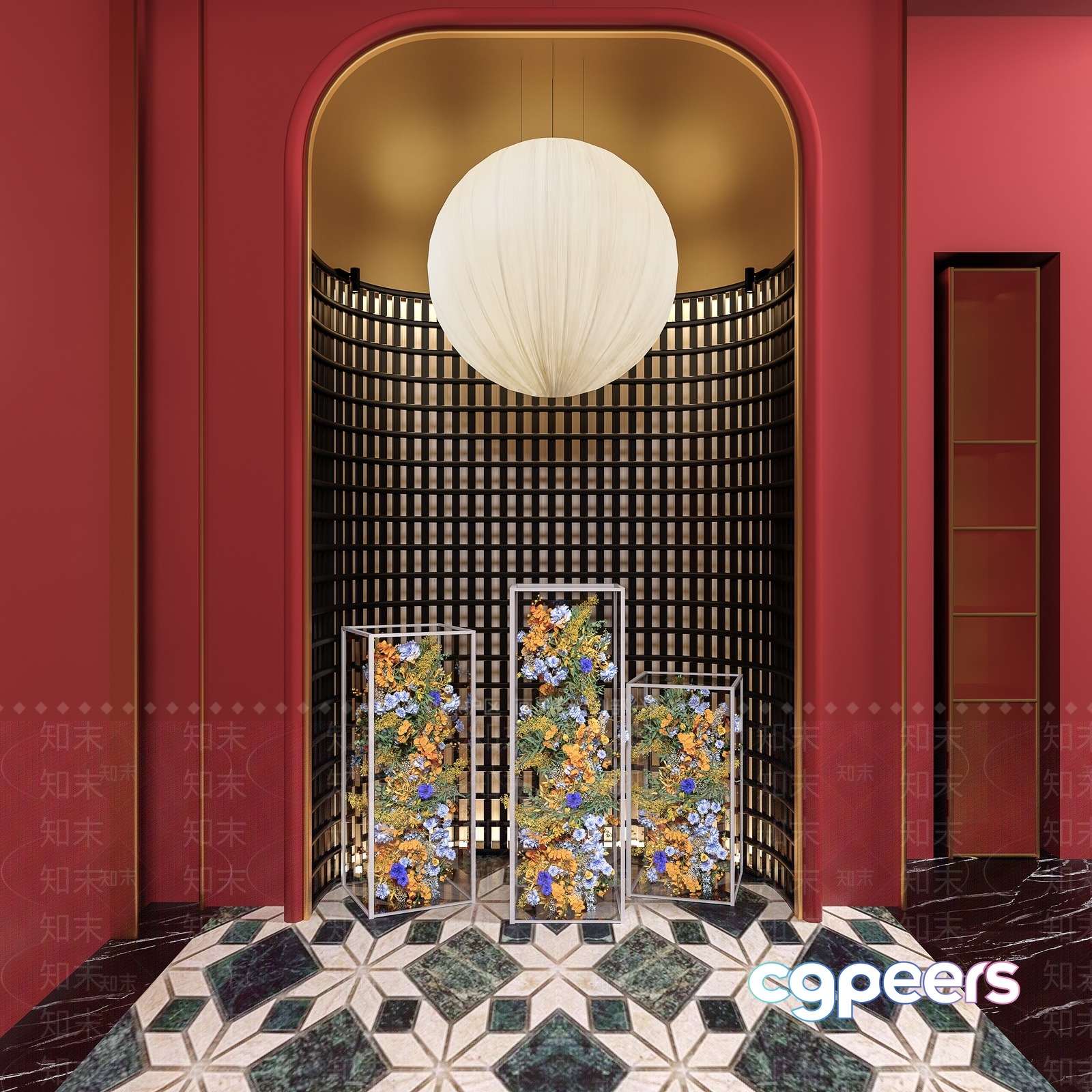 A Red Wall With A Doorway And A Large White Light Fixture 3D Model - 12753 - VRAY Render A Red Wall With A Doorway And A Large White Light Fixture 3D Model - 12753 - VRAY Render