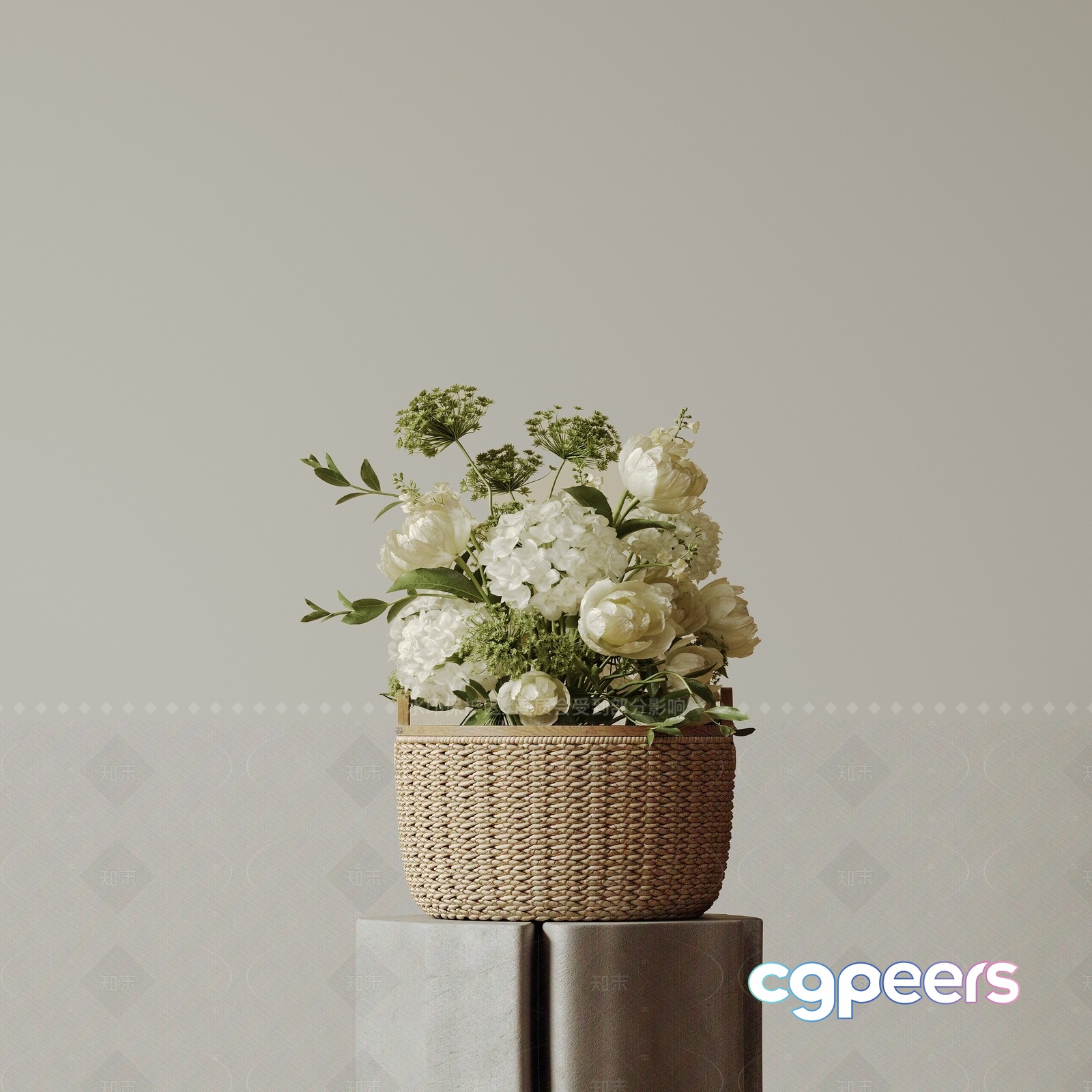 A Woven Basket With White Flowers 3D Model - 11985 - CORONA Render