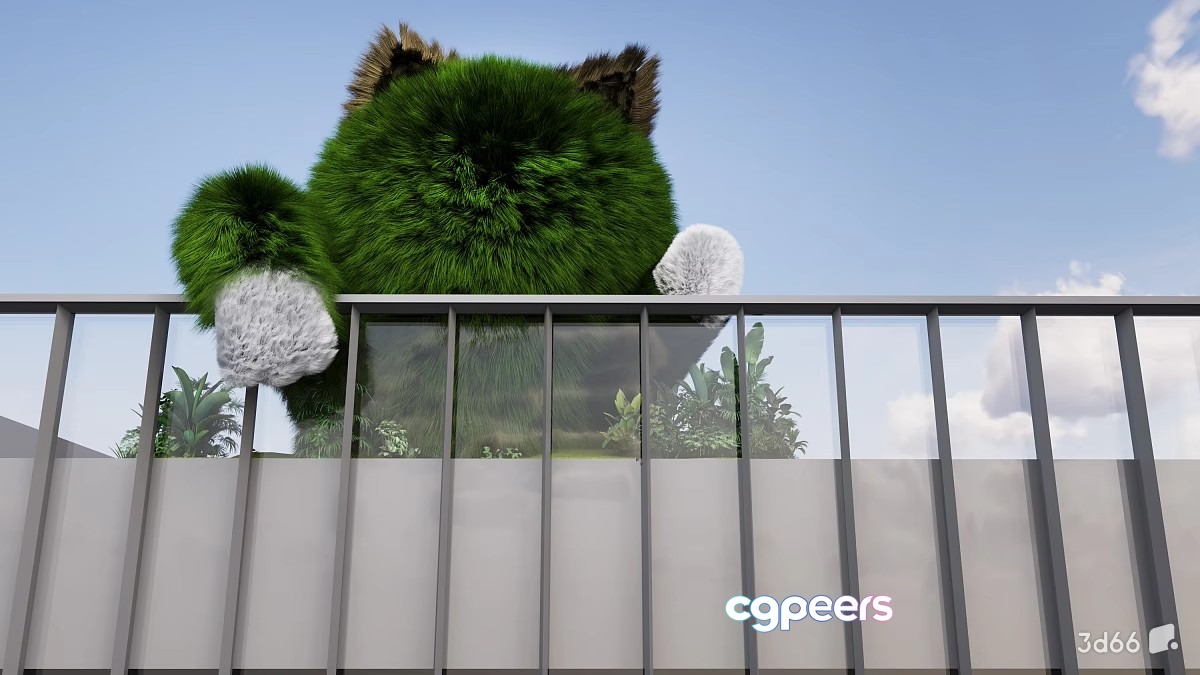A 3D Rendering Of A Balcony With A Green Furry Creature Sitting On 3D Model - 20980 - VRAY Render