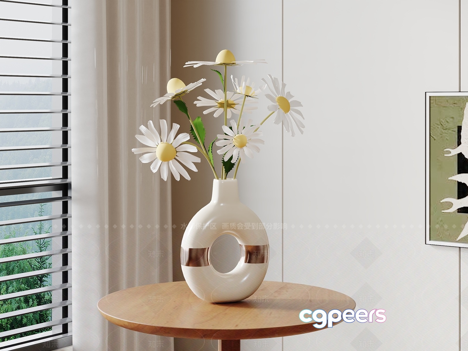 A White Vase With Daisies On A Table 3D Model - 602 - VRAY Render