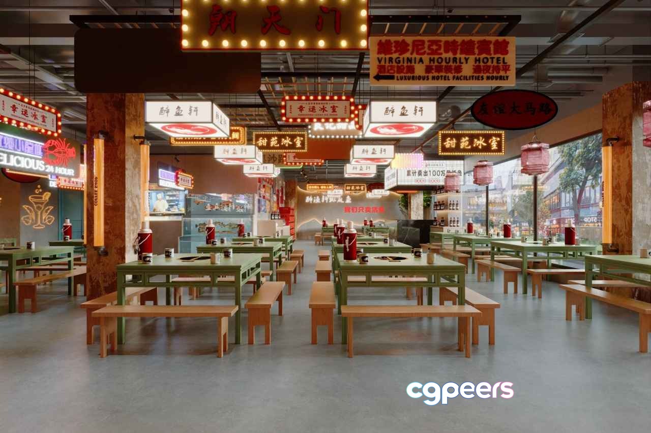 A Large Open Room With Tables And Benches 3D Model - 485 - CORONA Render A Large Open Room With Tables And Benches 3D Model - 485 - CORONA Render