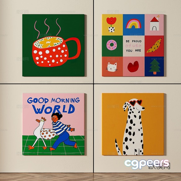 Four Colorful Paintings Of Various Subjects 3D Model - 4048 - VRAY Render Four Colorful Paintings Of Various Subjects 3D Model - 4048 - VRAY Render
