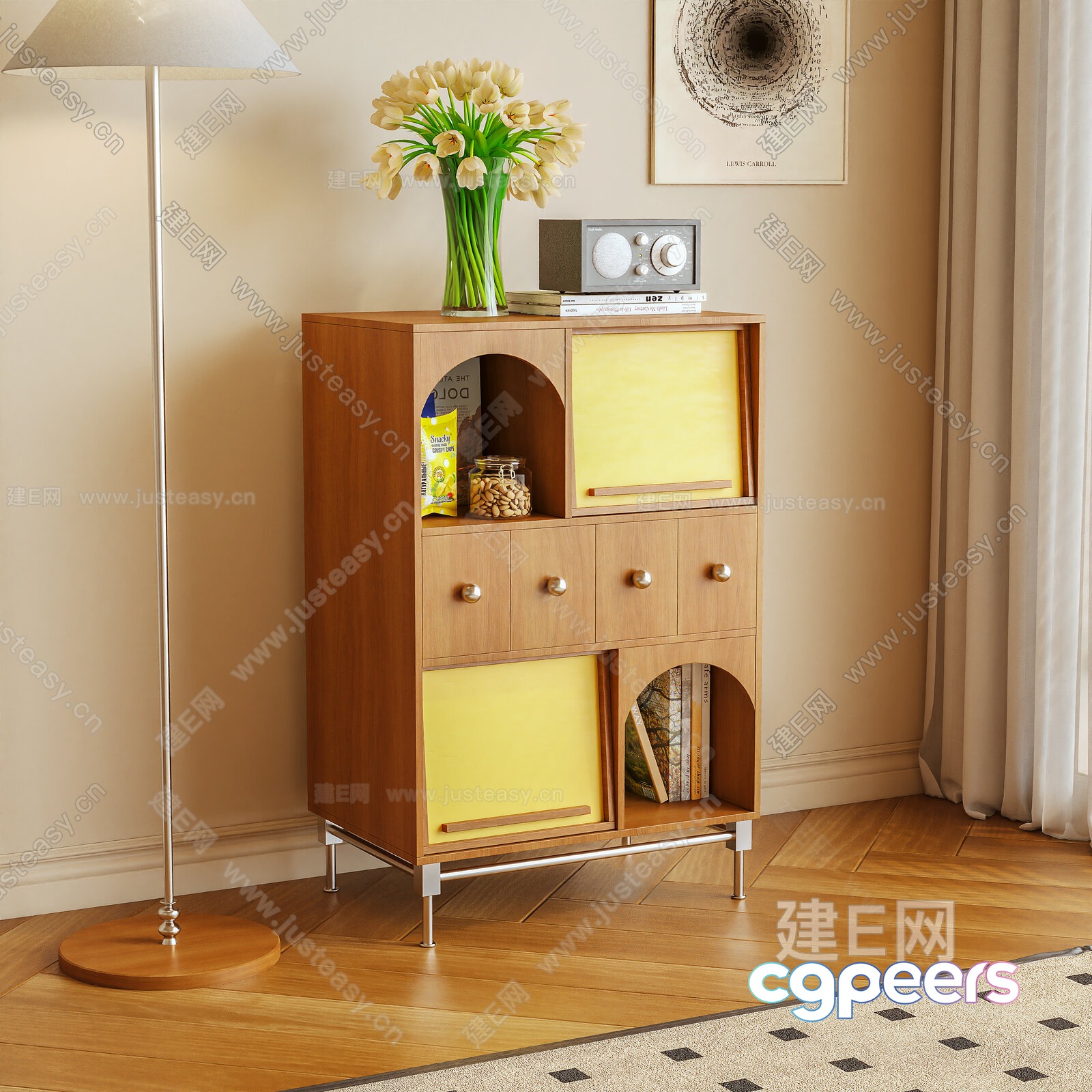 Mid-Century Modern Wooden Cabinet 3D Model - 6807 - VRAY Render