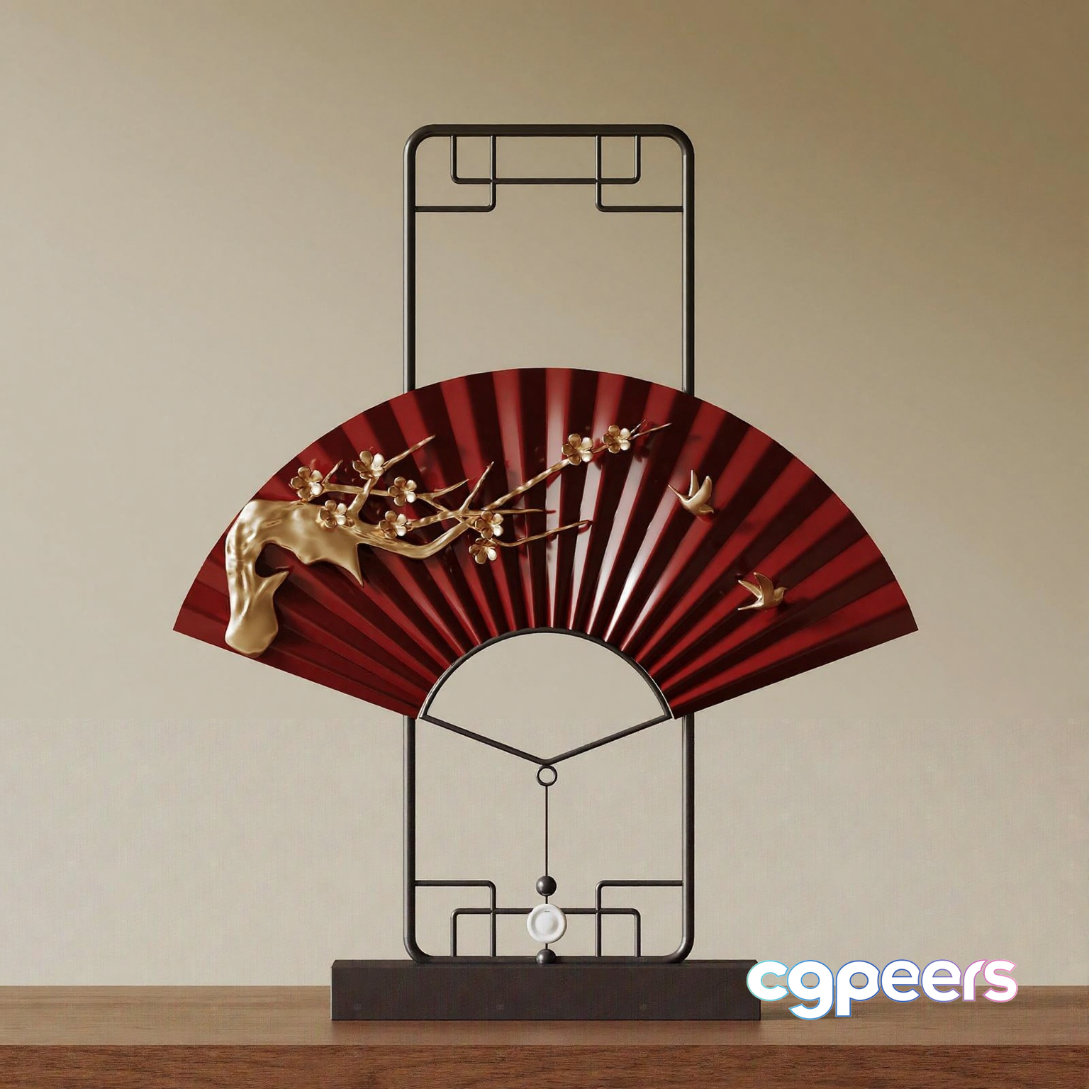 A Decorative Metal Sculpture With A Red Fan And Gold Accents 3D Model - 11694 - VRAY Render