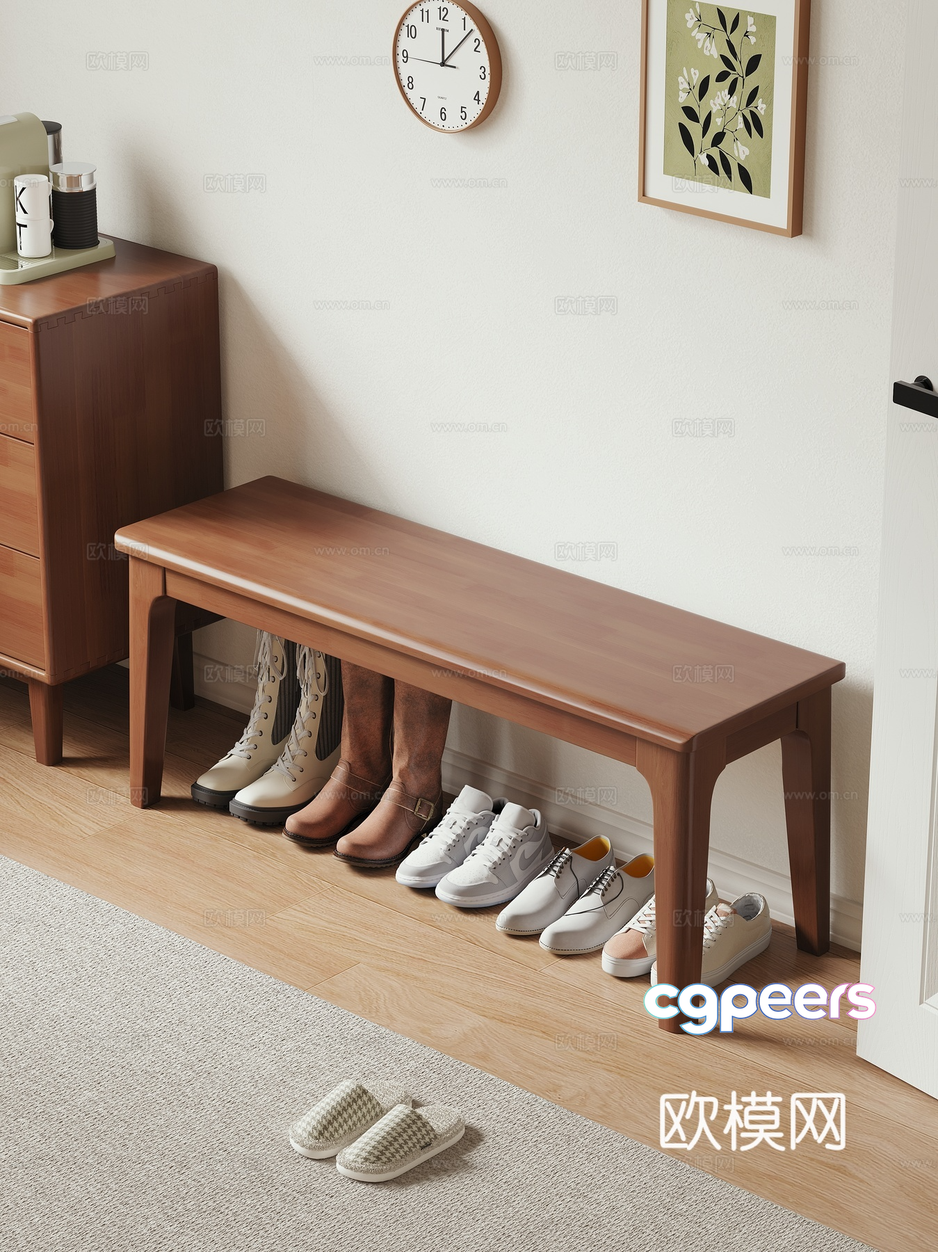 A Wooden Bench With Shoes Under It 3D Model - 15168 - VRAY Render