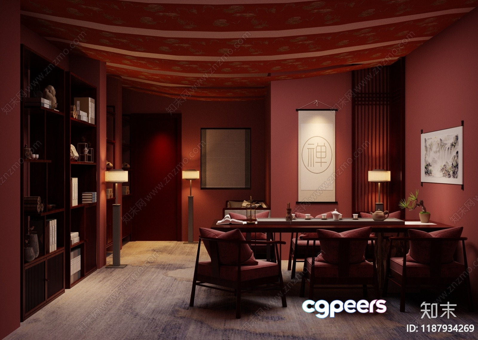 A Dimly Lit Dining Room With Red Walls And A Long Table 3D Model - 11002 - CORONA Render