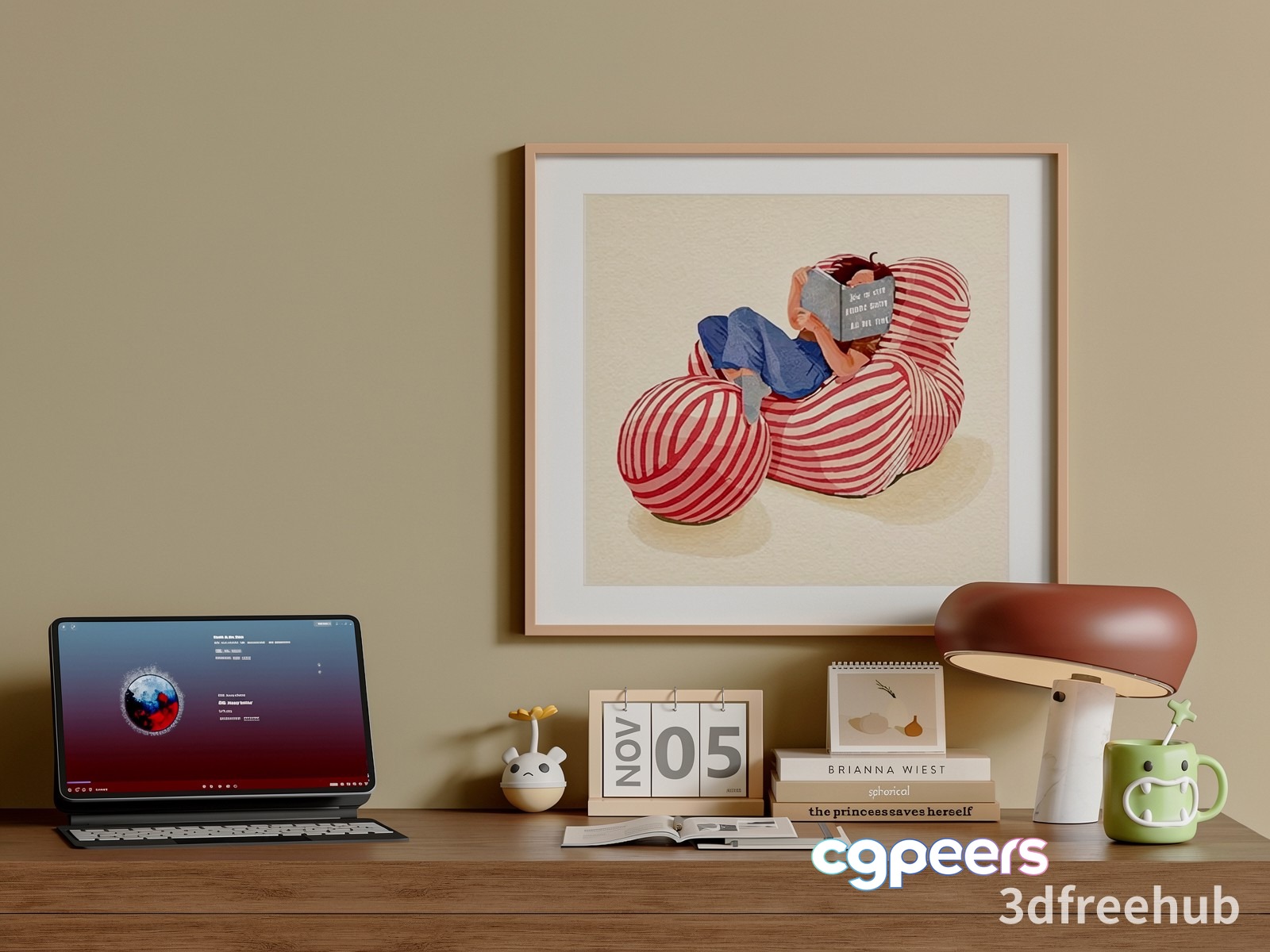 A Desk With A Laptop Books And A Framed Picture 3D Model - 19618 - VRAY Render A Desk With A Laptop Books And A Framed Picture 3D Model - 19618 - VRAY Render