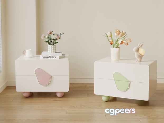 Two White Nightstands 3D Model - 7037 - VRAY Render