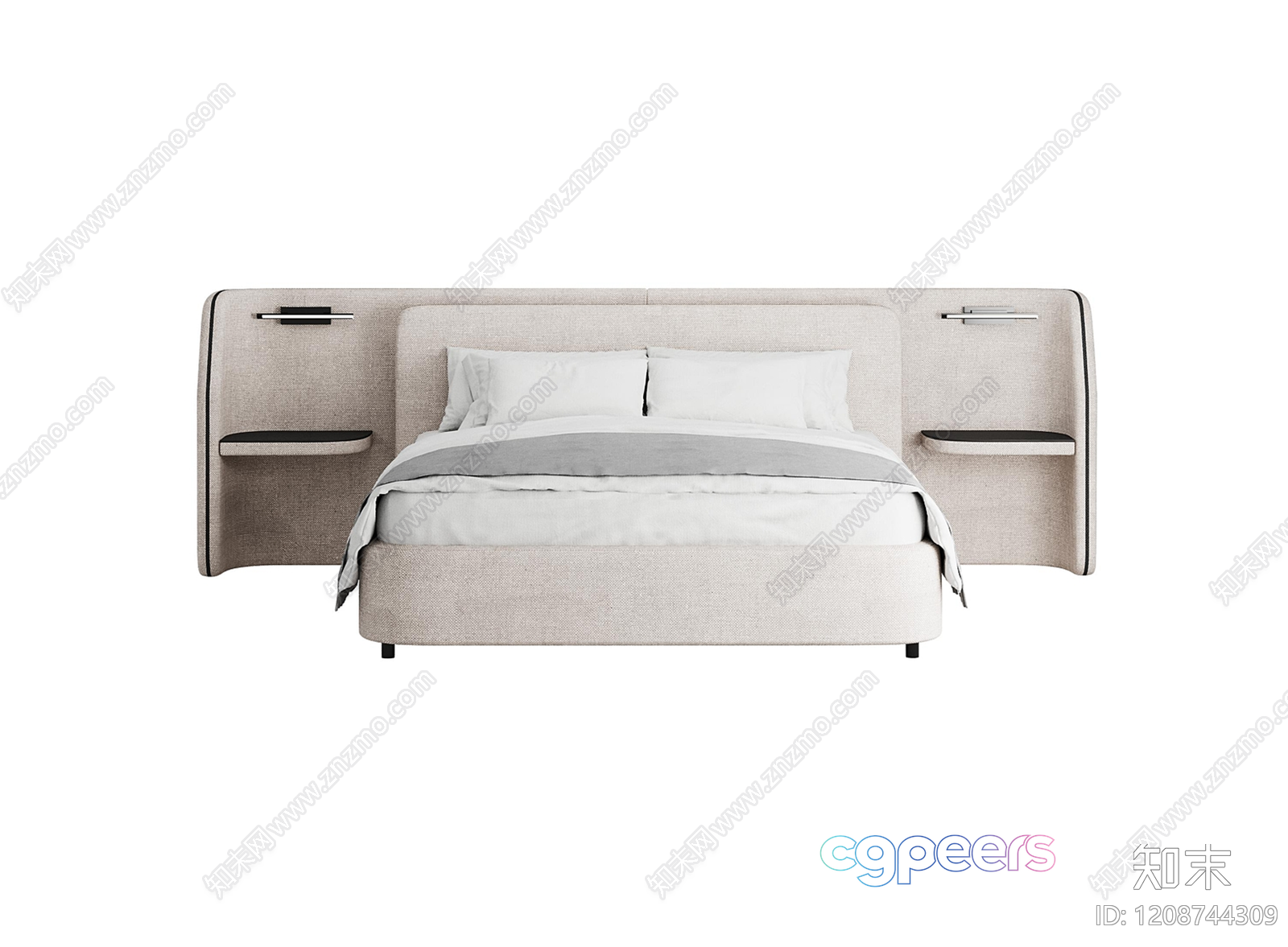 A Bed With A Beige Headboard And Matching Nightstands 3D Model - 22097 - VRAY Render