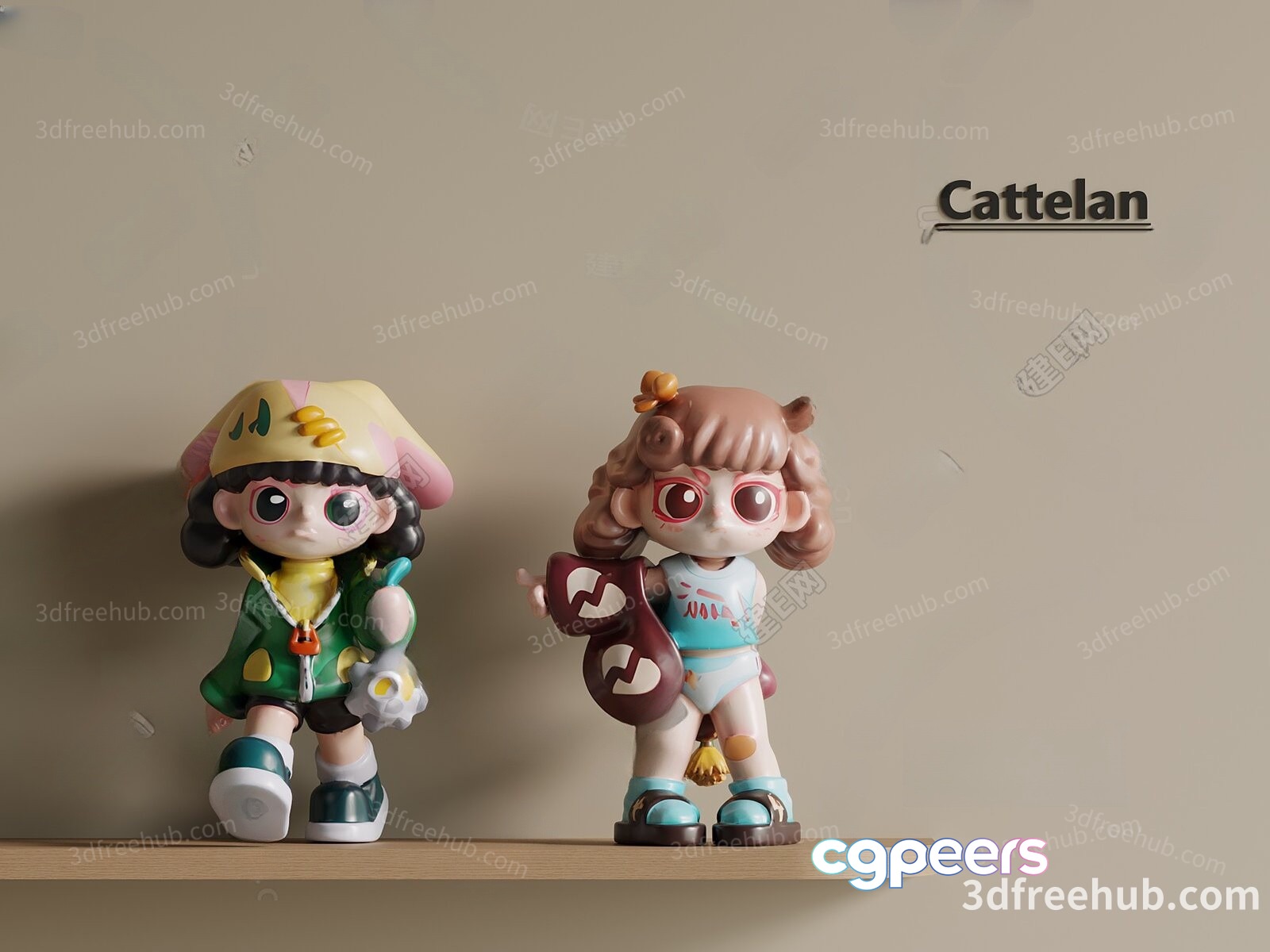 The Image Features Two Cartoon Dolls On A Shelf Showcasing Their Unique Styles And 3D Model - 19889 - VRAY Render The Image Features Two Cartoon Dolls On A Shelf Showcasing Their Unique Styles And 3D Model - 19889 - VRAY Render