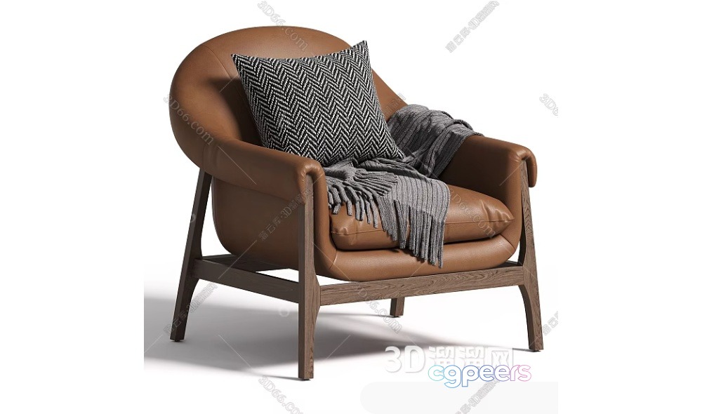 A Brown Leather Chair With A Throw Blanket And Pillow 3D Model - 10230 - CORONA Render
