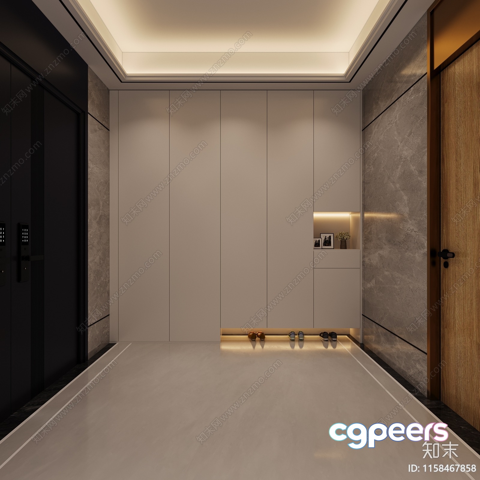 A Hallway With A White Floor And Ceiling Featuring A Row 3D Model - 3486 - VRAY Render
