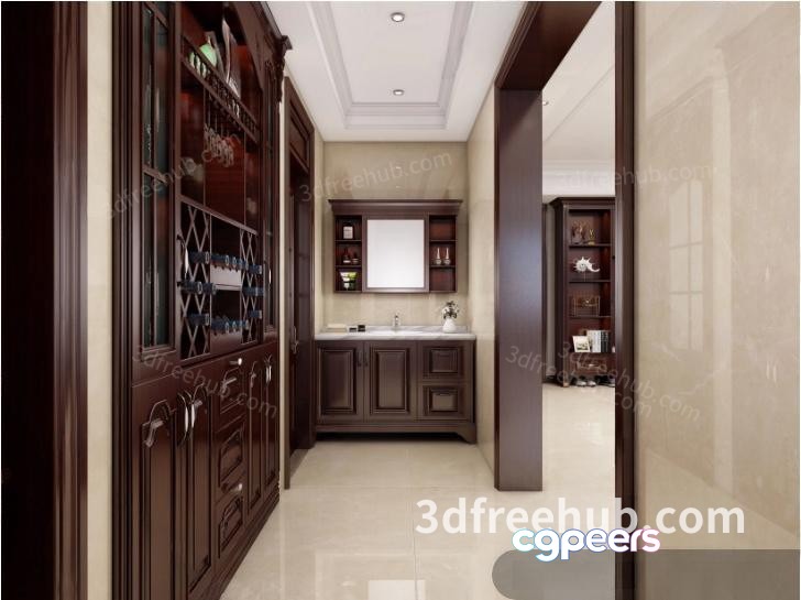 The Main Subject Is A Bathroom With Dark Wood Cabinets 3D Model - 19137 - VRAY Render