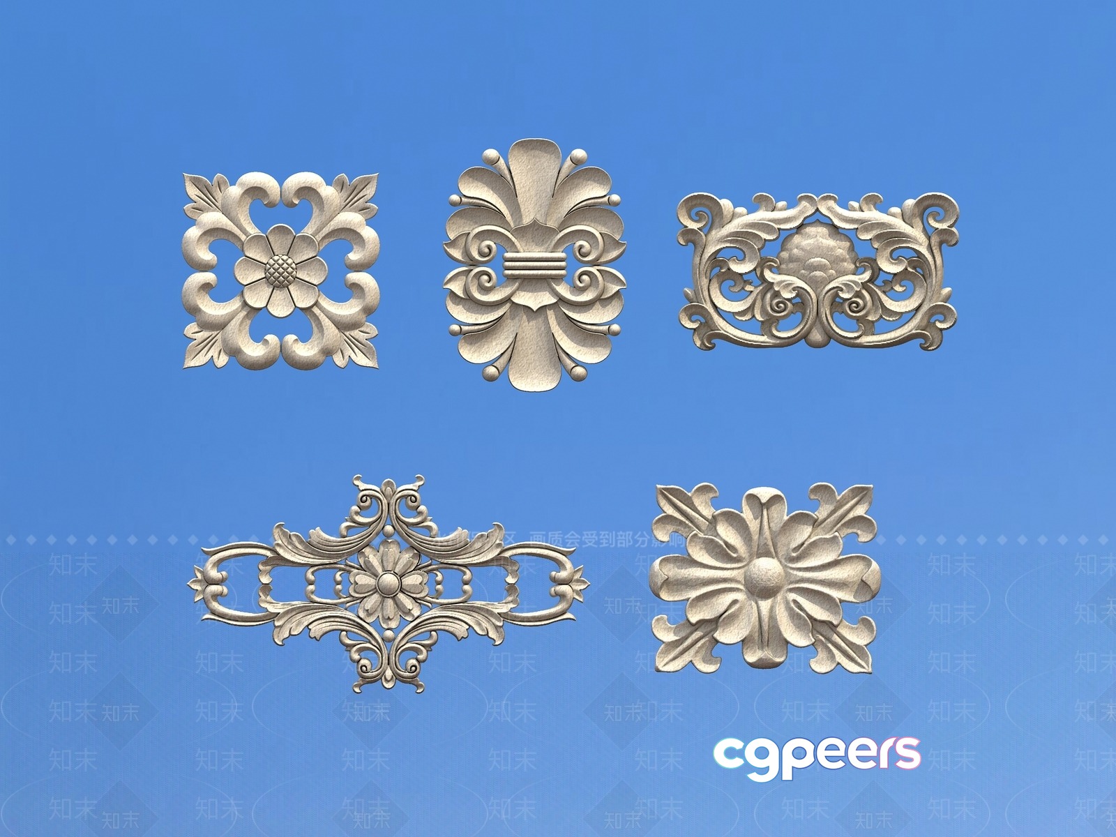 The Image Showcases A Collection Of Decorative Elements Specifically Showcasing A Set Of Five 3D Model - 12453 - VRAY Render
