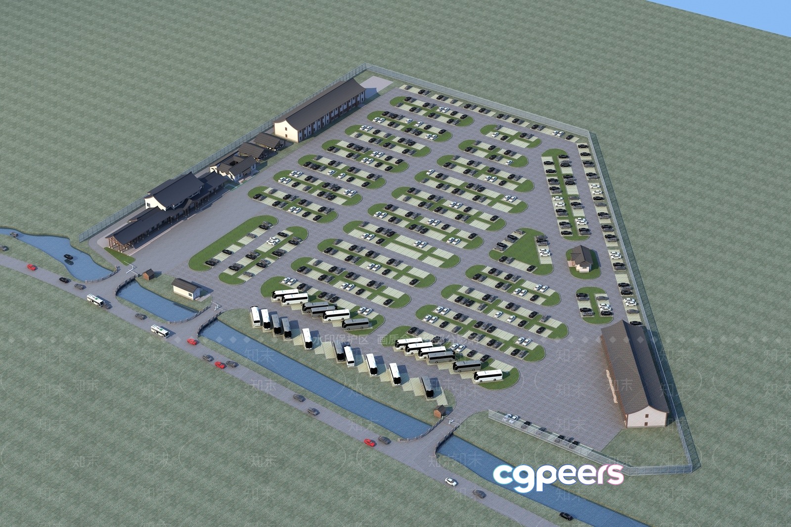 A 3D Rendering Of A Large Parking Lot With Many Cars And Rv 3D Model - 19560 - VRAY Render