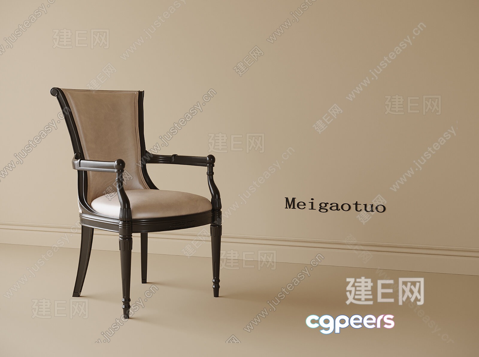 A Wooden Chair With Beige Upholstery 3D Model - 3140 - VRAY Render A Wooden Chair With Beige Upholstery 3D Model - 3140 - VRAY Render
