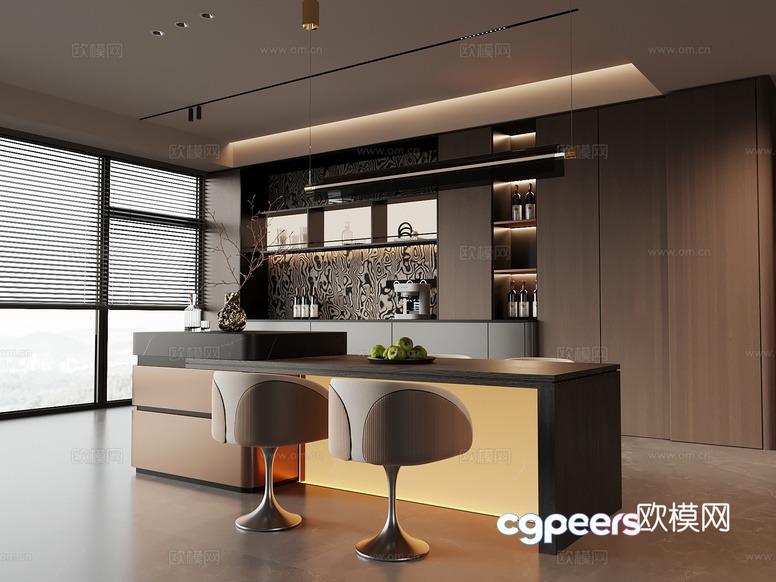 Modern Kitchen With Stools 3D Model - 21050 - VRAY Render