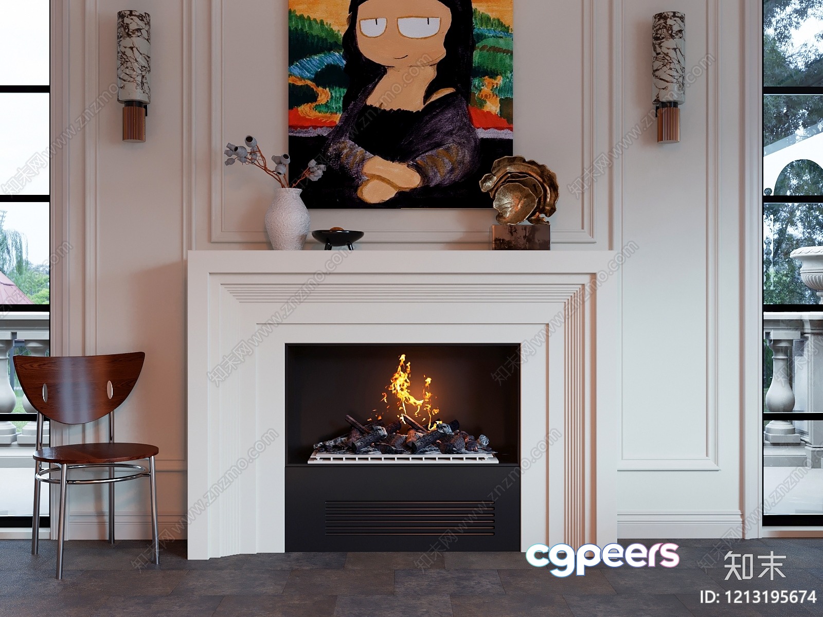 A Modern Fireplace With A Painting Of The Mona Lisa Above It 3D Model - 19584 - VRAY Render