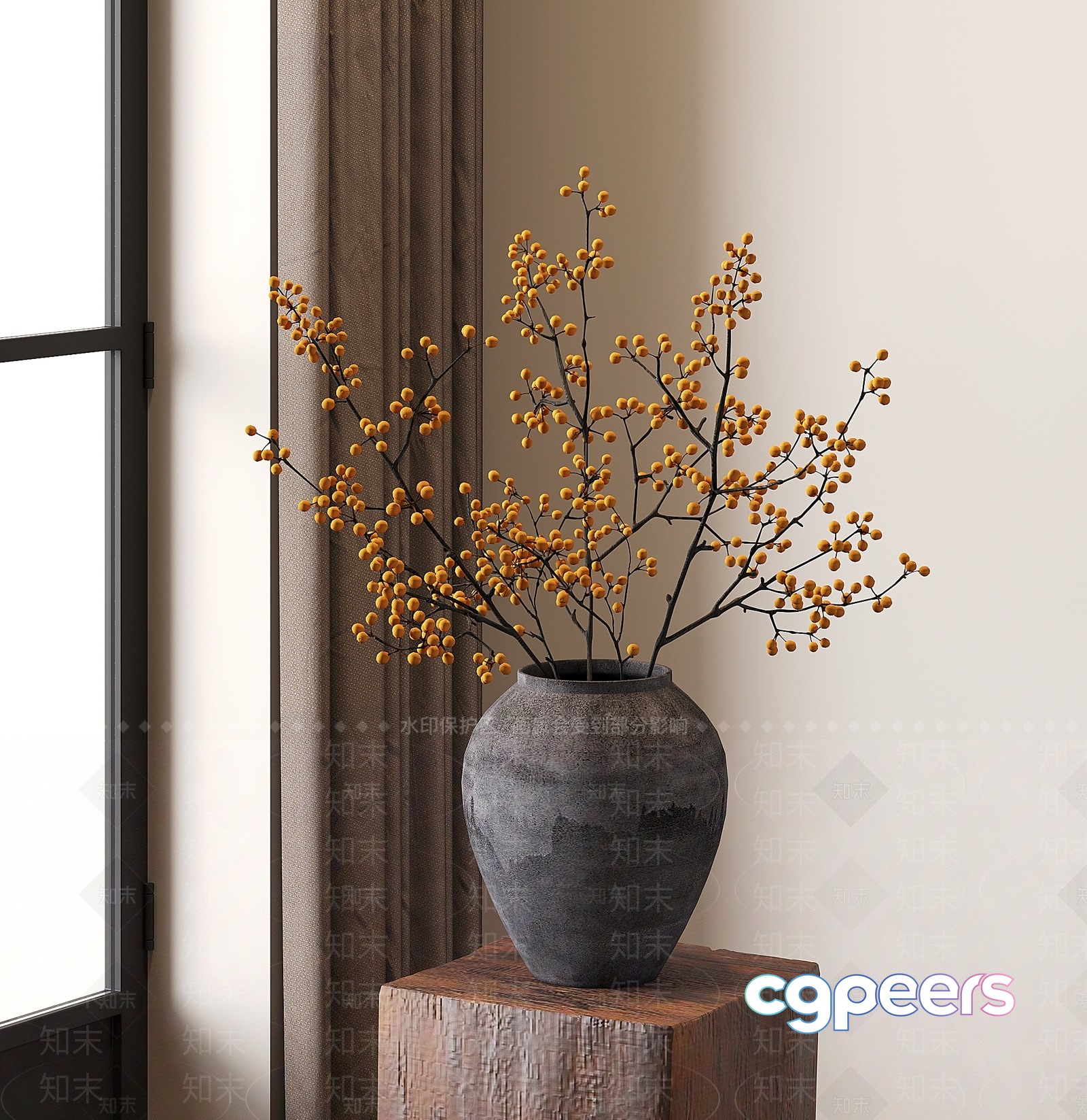 A Decorative Vase With Yellow Berries 3D Model - 973 - VRAY Render