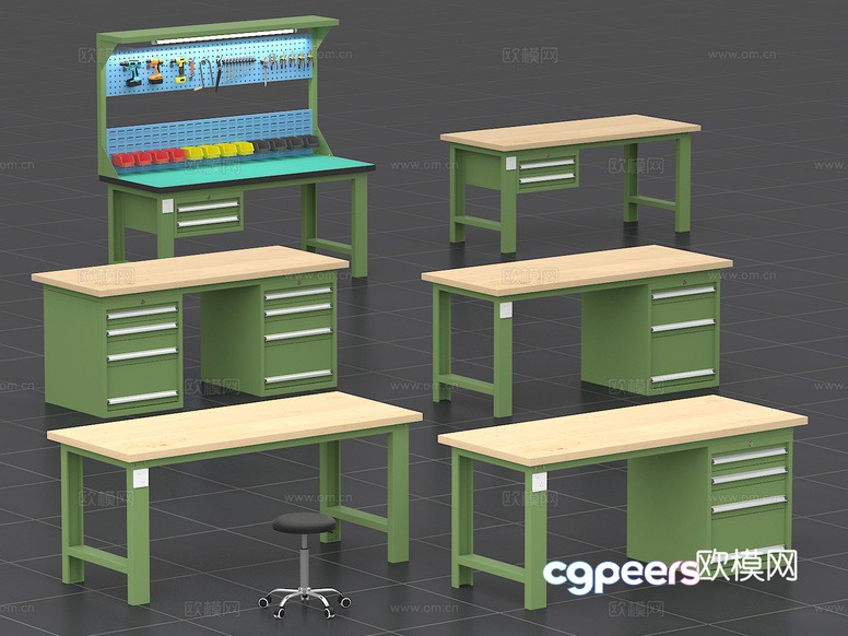 A Green And Light-Colored Wooden Workbench 3D Model - 3126 - VRAY Render