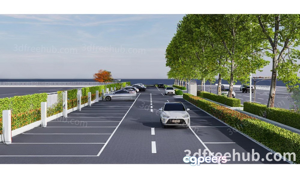 A 3D Rendering Of A Parking Lot With Cars And Trees 3D Model - 22685 - VRAY Render