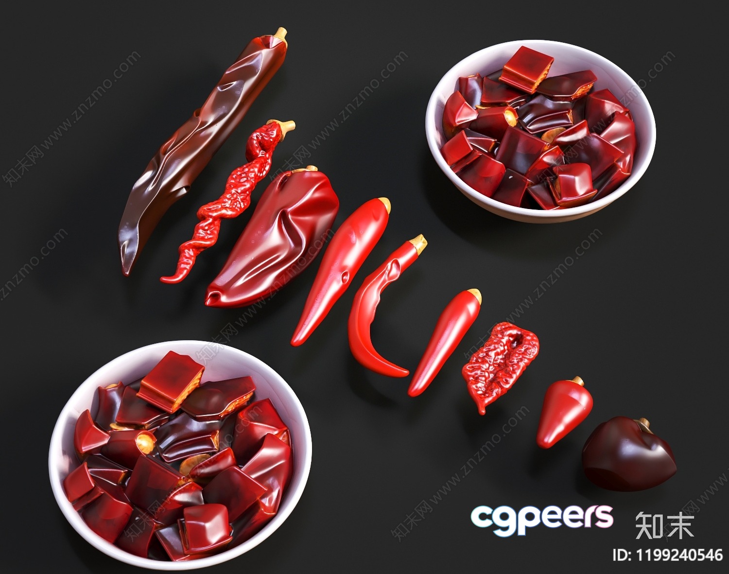 Red Chili Peppers In Bowls 3D Model - 5658 - VRAY Render Red Chili Peppers In Bowls 3D Model - 5658 - VRAY Render