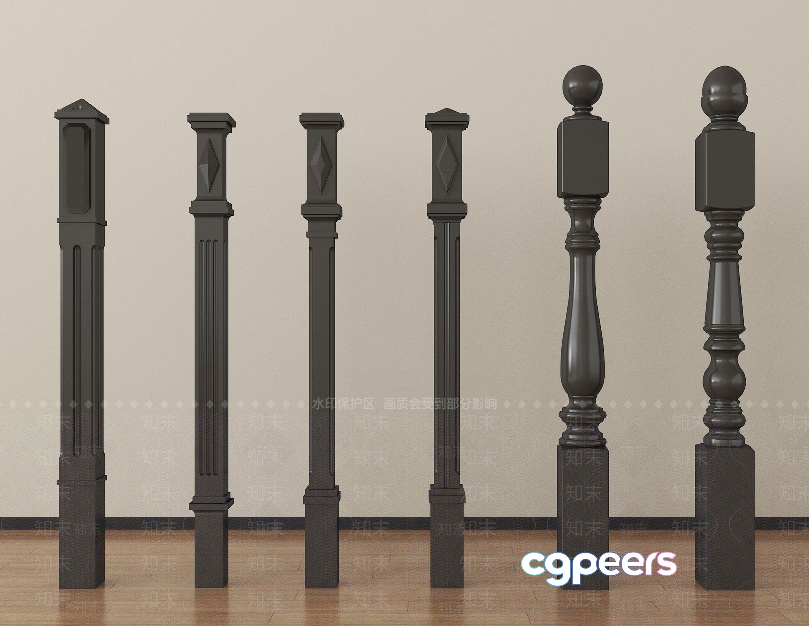 Seven Dark Gray Wooden Posts 3D Model - 2585 - VRAY Render Seven Dark Gray Wooden Posts 3D Model - 2585 - VRAY Render