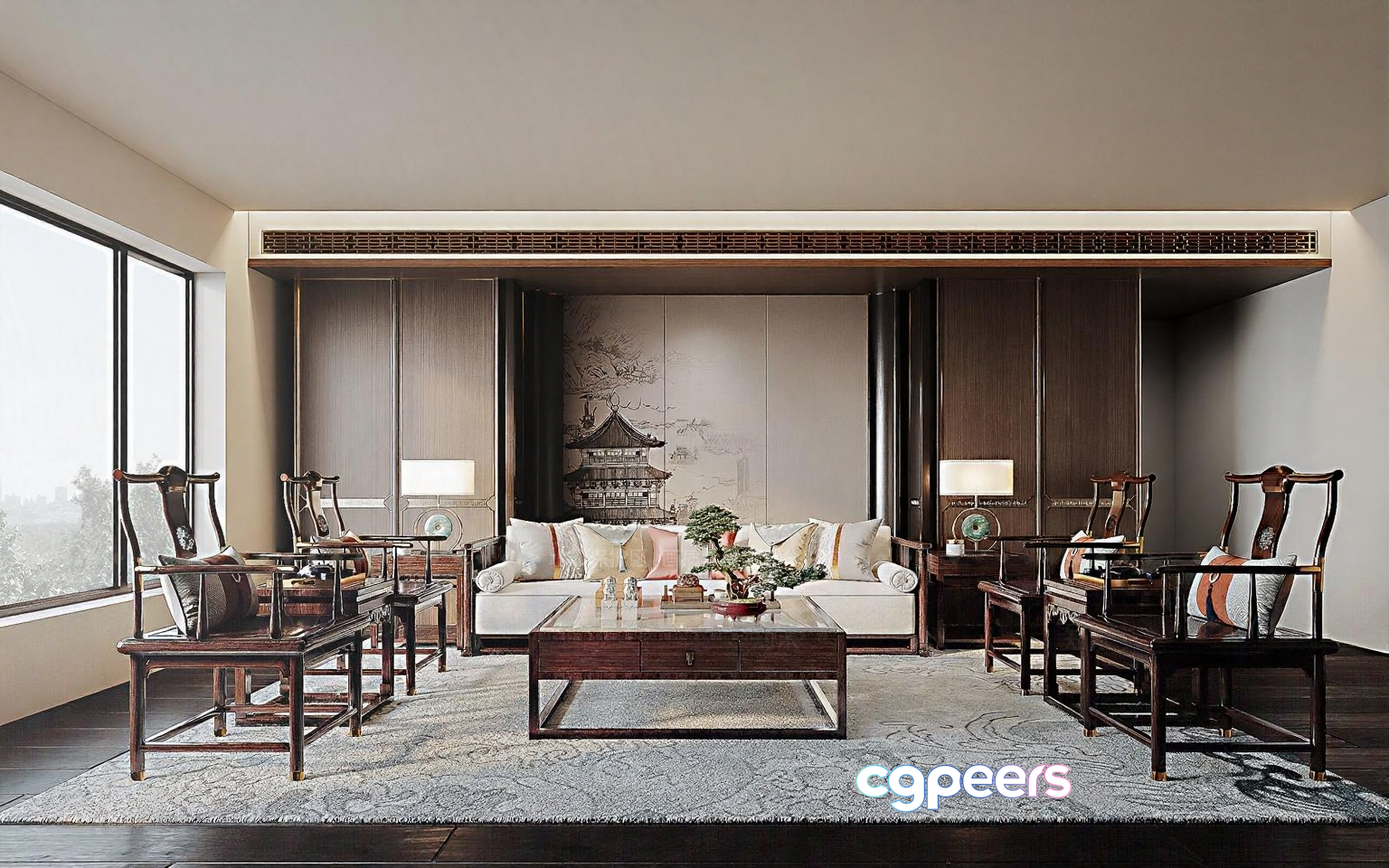 Modern Asian-Inspired Living Room 3D Model - 1992 - VRAY Render