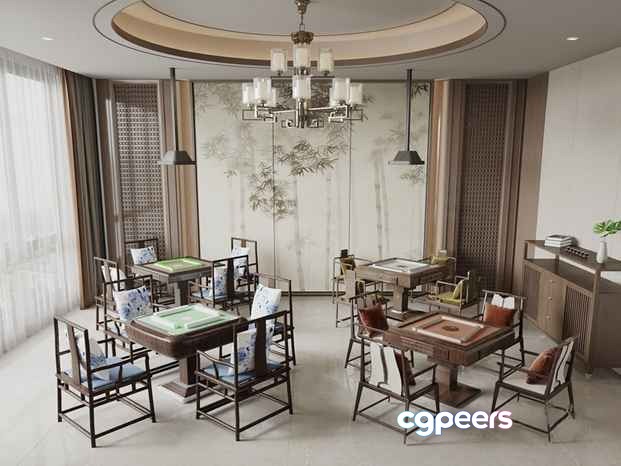 The Single Main Subject Is A Dining Room With Wooden Tables And Chairs 3D Model - 7747 - VRAY Render