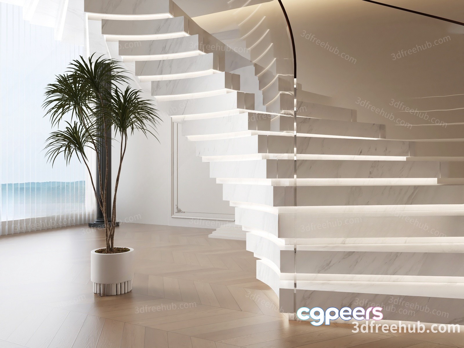 A Modern Staircase With A Potted Plant 3D Model - 21292 - VRAY Render A Modern Staircase With A Potted Plant 3D Model - 21292 - VRAY Render