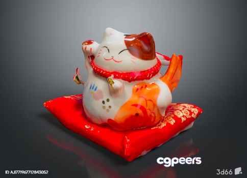 A Ceramic Cat Figurine With A Red Pillow 3D Model - 19167 - VRAY Render