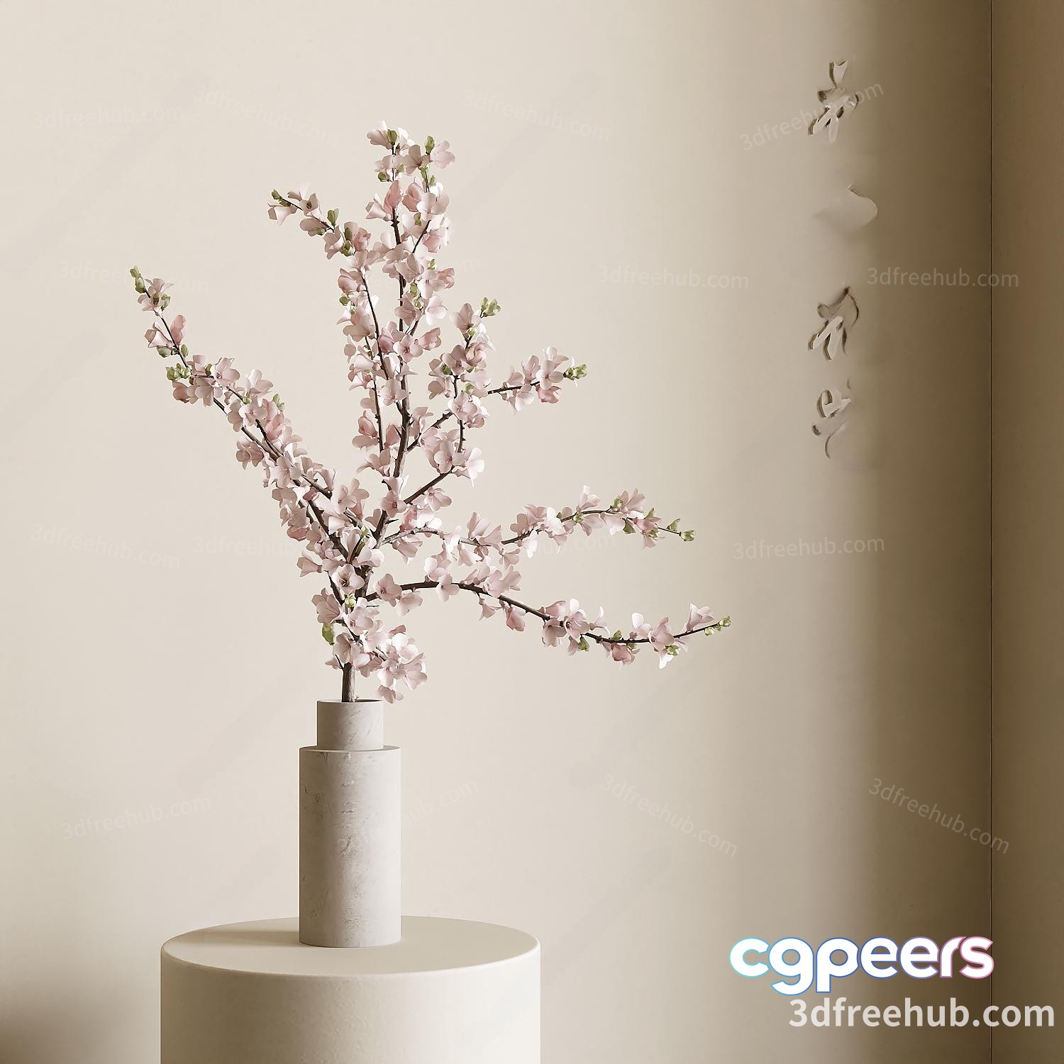 A White Vase With A Branch Of Flowers 3D Model - 22928 - VRAY Render