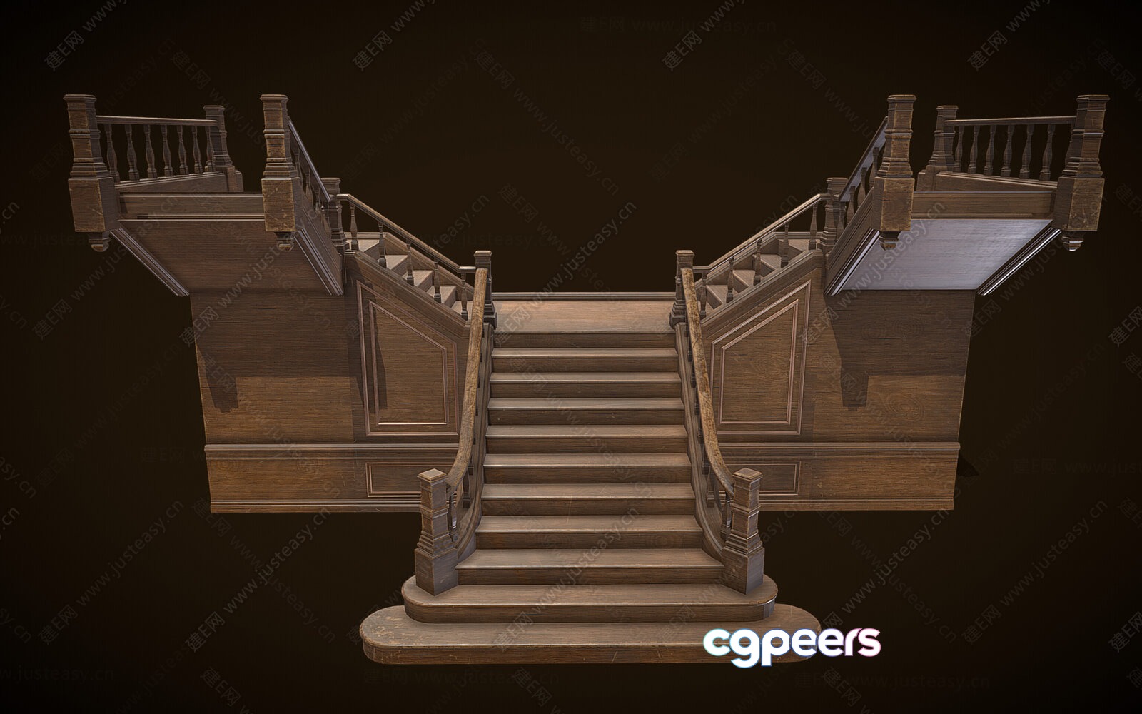 Wooden Staircase With Railings 3D Model - 15128 - VRAY Render