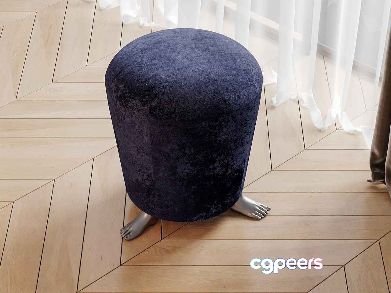 A Blue Velvet Stool With Silver Feet 3D Model - 10668 - CORONA Render