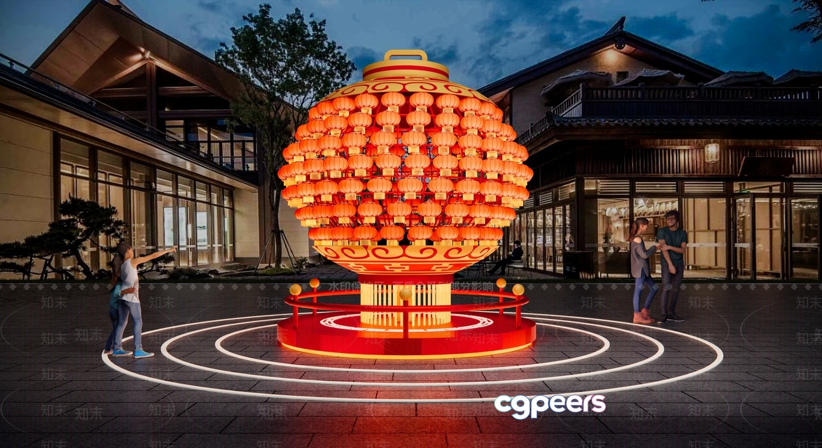 A Large Red And Gold Chinese Lantern 3D Model - 18861 - VRAY Render