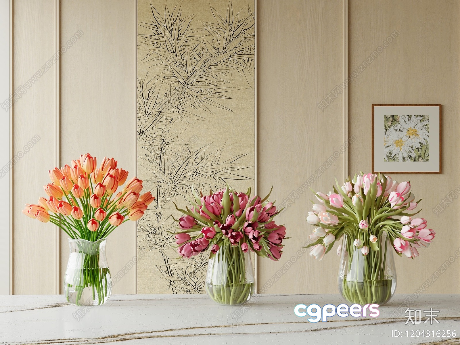 Three Vases Of Tulips 3D Model - 1663 - VRAY Render