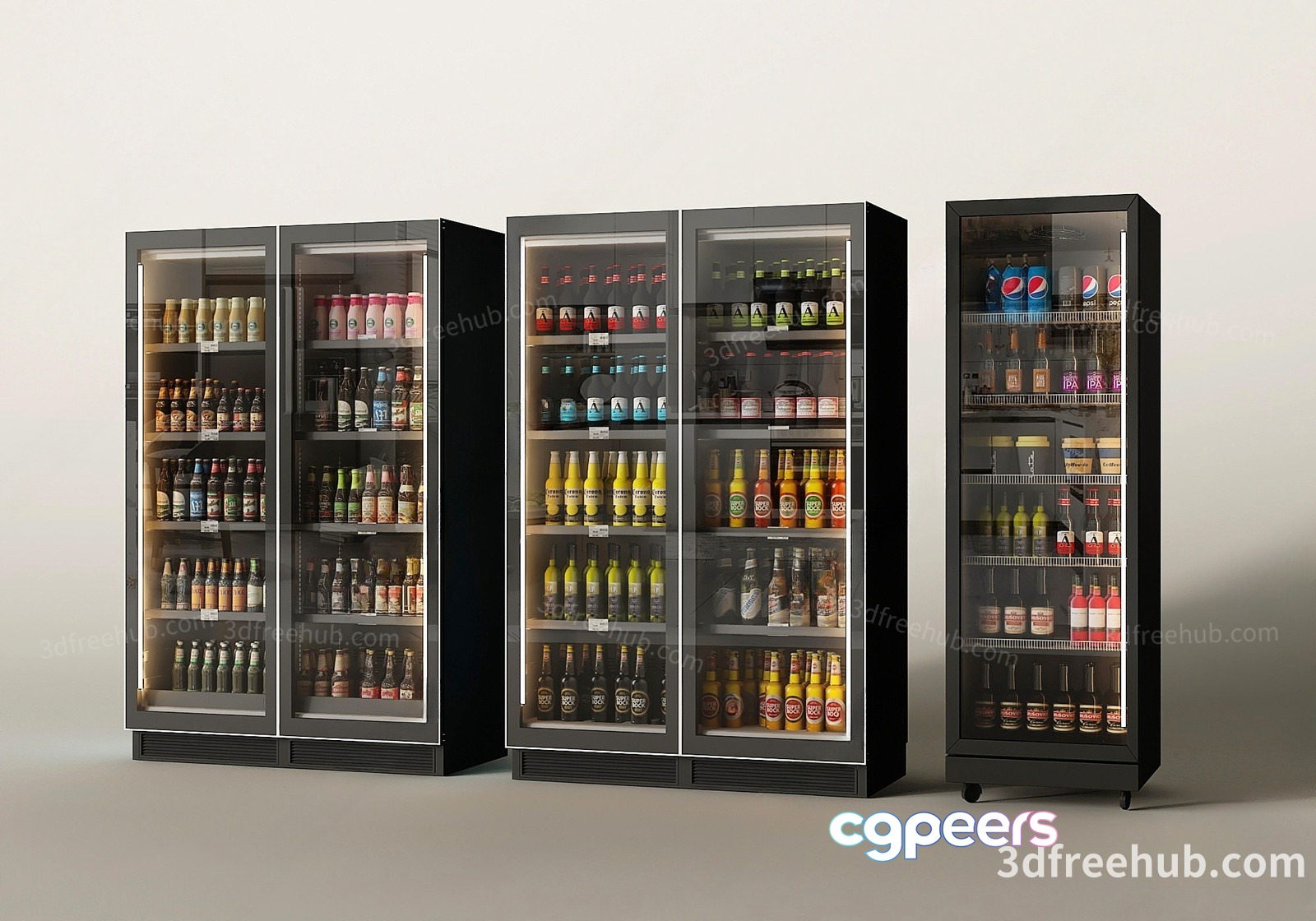 Three Glass-Door Refrigerators 3D Model - 20955 - VRAY Render