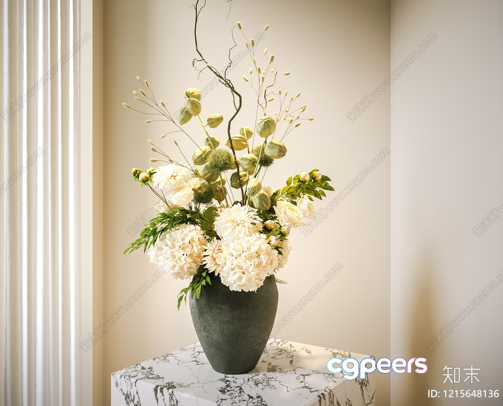 A Vase Of White Flowers 3D Model - 23671 - VRAY Render