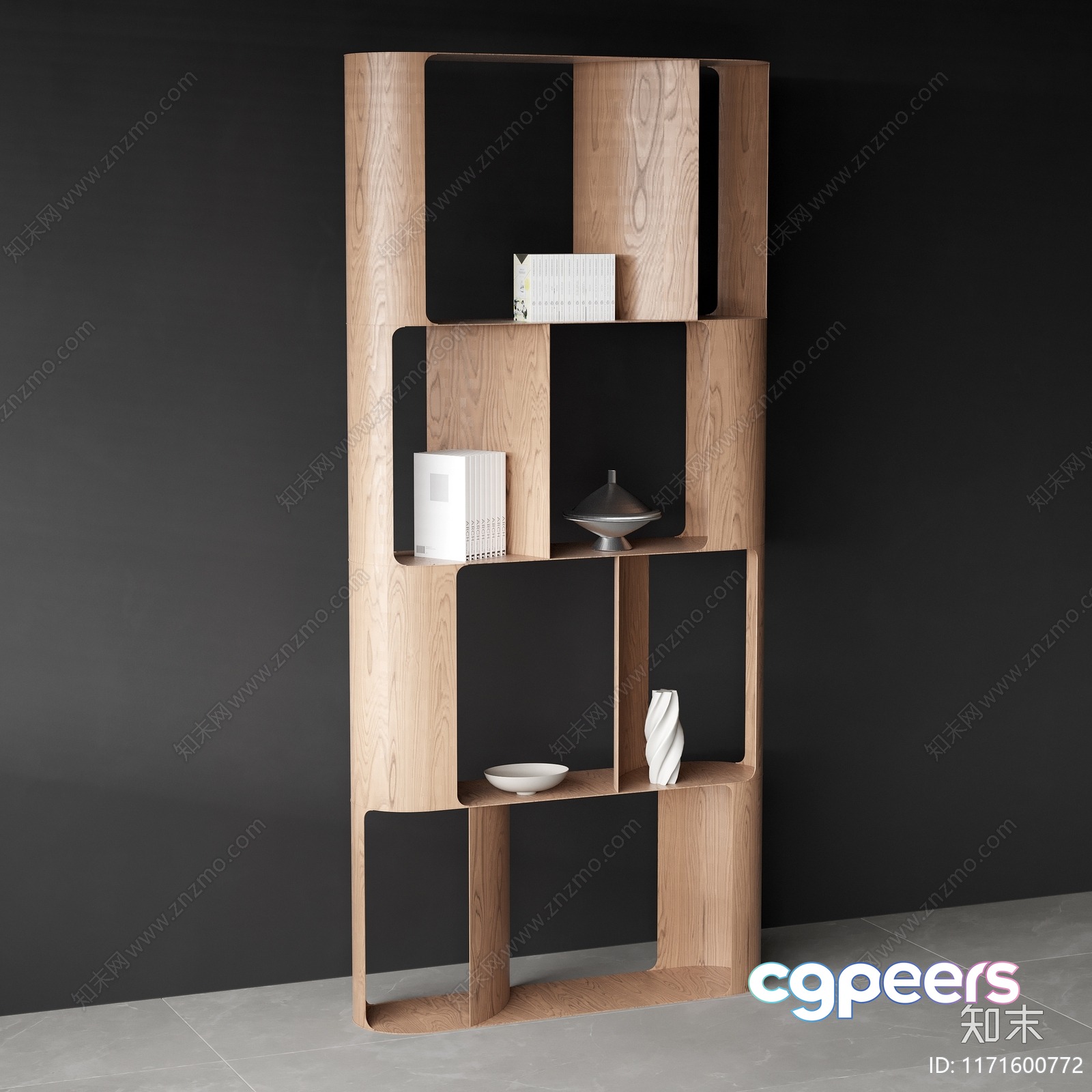A Wooden Shelf With Various Decorative Items 3D Model - 15897 - VRAY Render