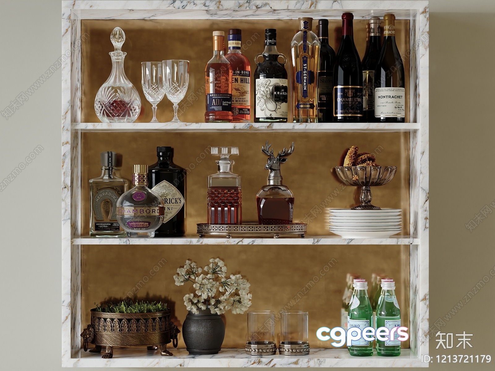 Marble Shelf With Various Bottles And Glasses 3D Model - 12923 - VRAY Render