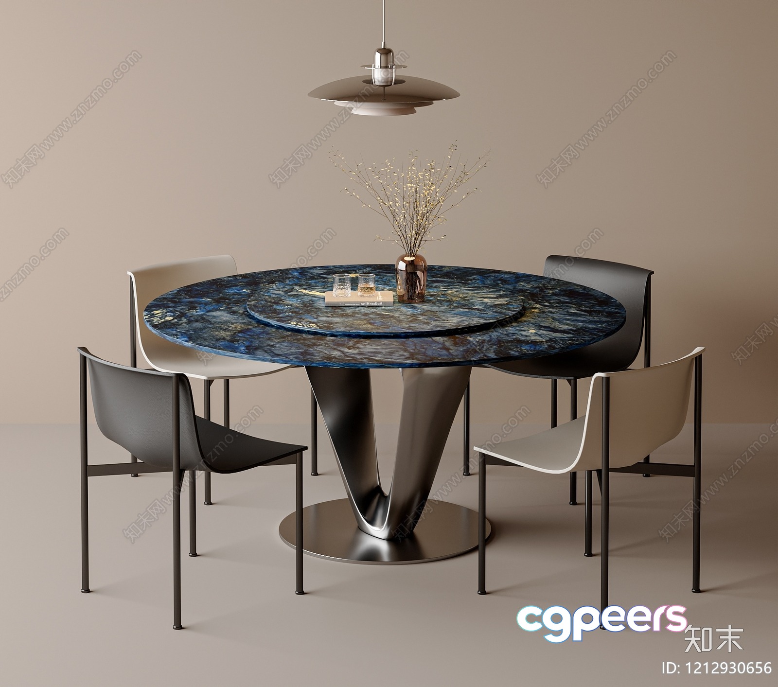 A Round Table With A Blue Marble Top 3D Model - 2799 - VRAY Render