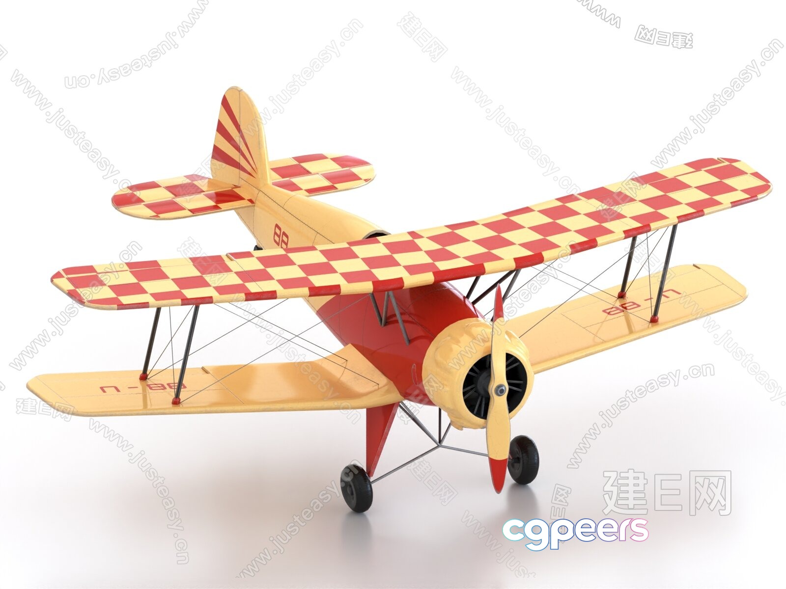 A Toy Biplane With A Red And Yellow Checkered Pattern 3D Model - 8325 - VRAY Render