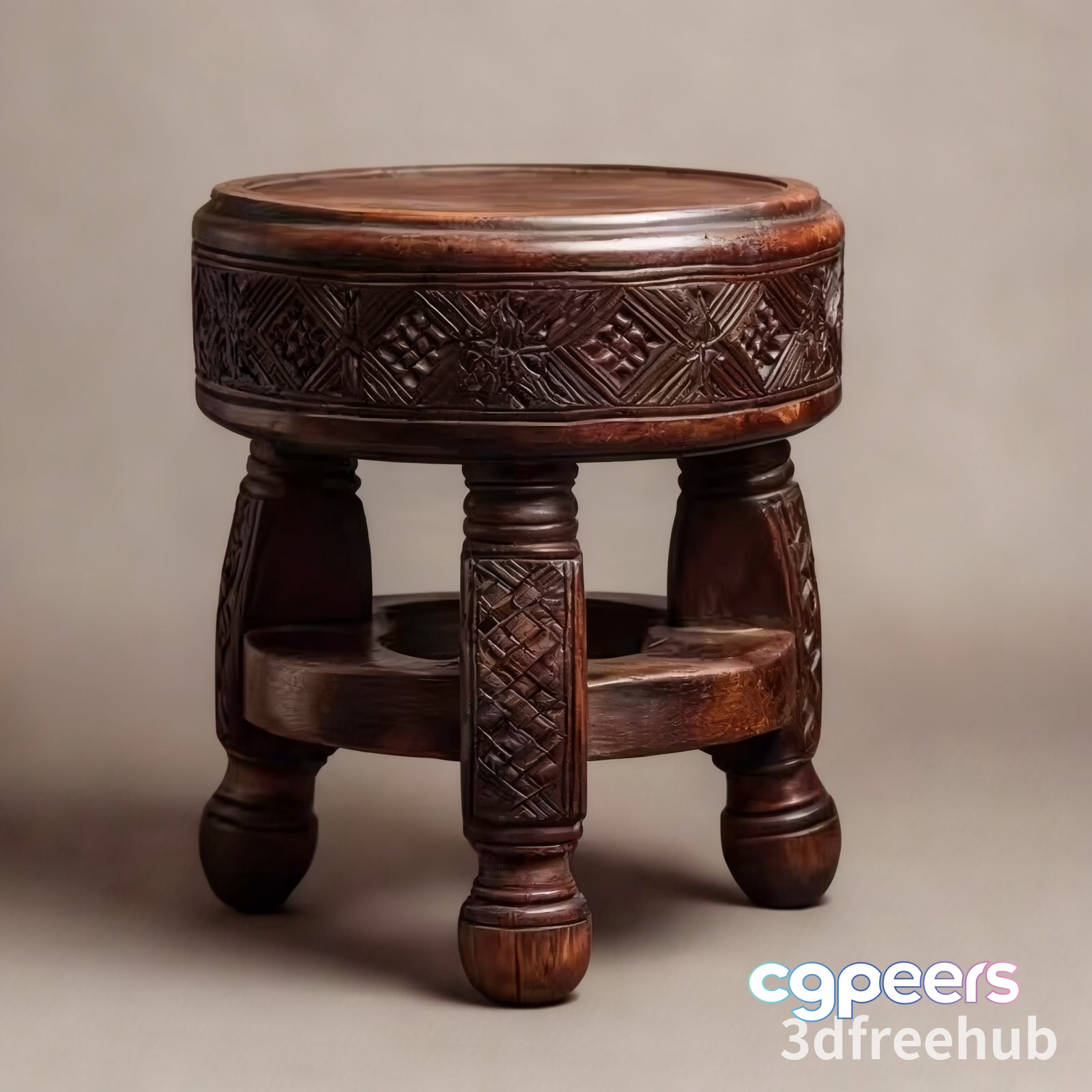 Wooden Stool With Intricate Carvings 3D Model - 19920 - VRAY Render