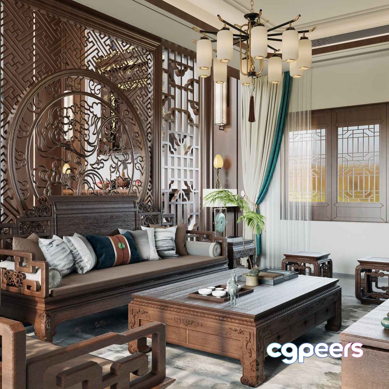 Traditional Asian-Inspired Living Room 3D Model - 9513 - VRAY Render