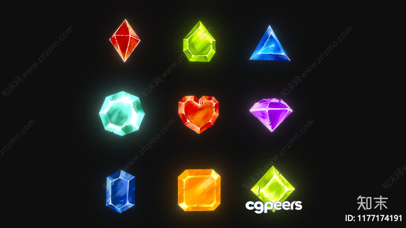 A Collection Of 12 Colored Gems 3D Model - 17419 - VRAY Render