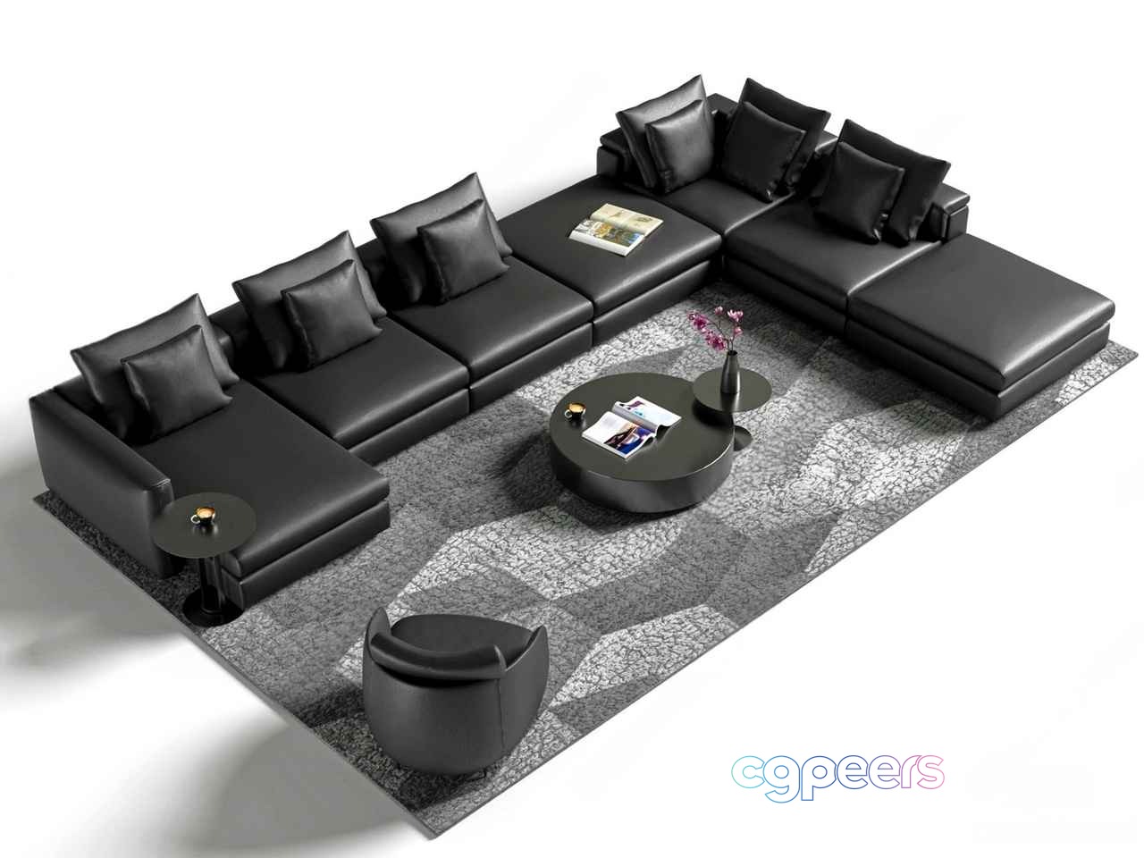 Modern Black Leather Sectional Sofa 3D Model - 5916 - CORONA Render