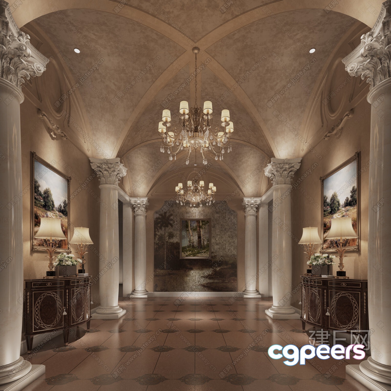 Classic Hallway With Columns 3D Model - 17118 - VRAY Render
