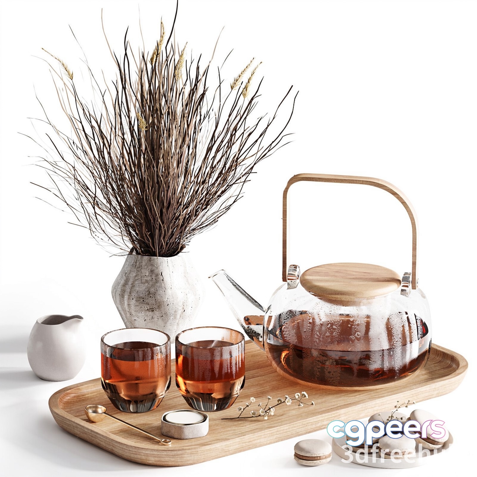 A Wooden Tray With A Teapot And Two Cups 3D Model - 19001 - VRAY Render