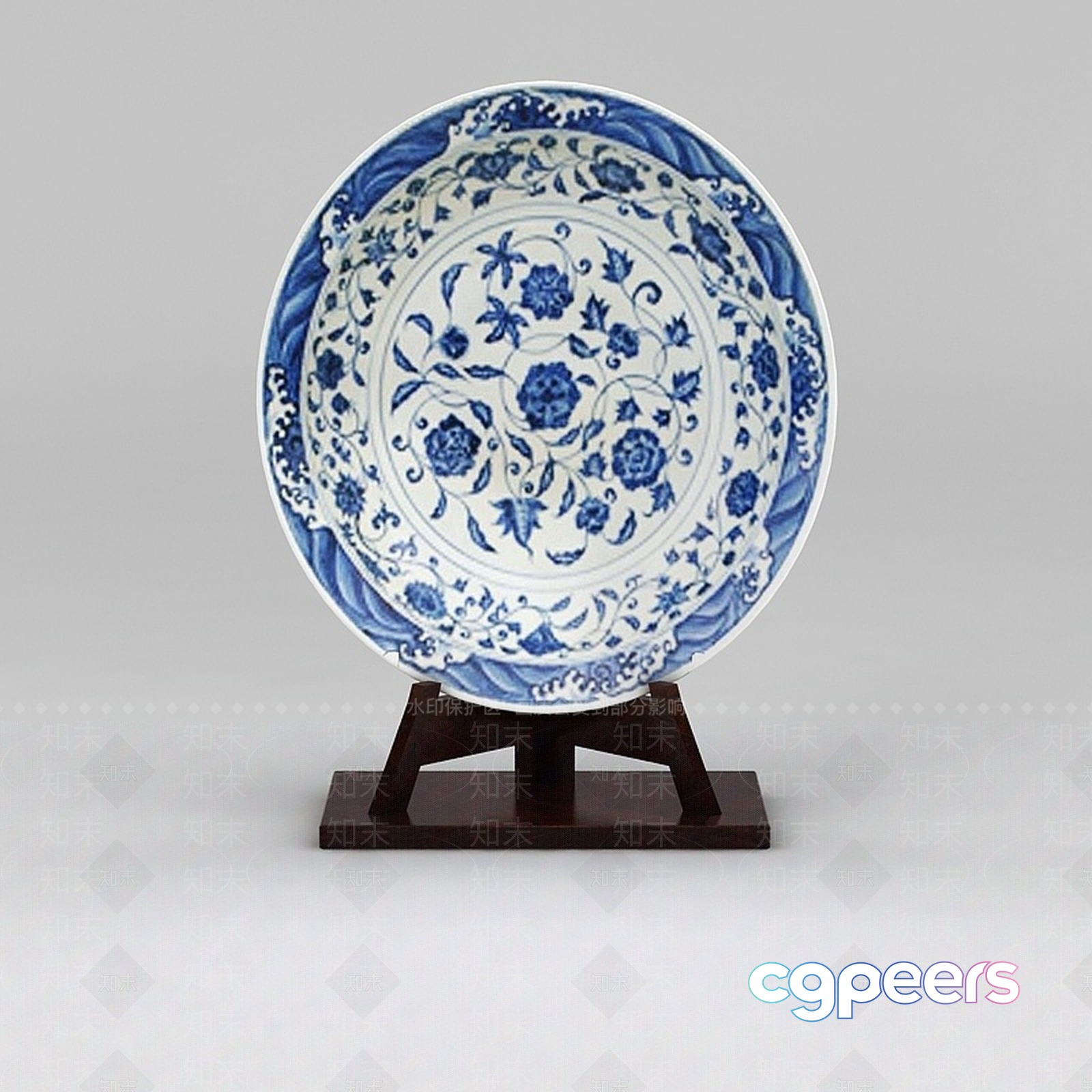 A Decorative Plate With Blue Floral Designs 3D Model - 18264 - VRAY Render
